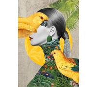 STYLER Tableau sur toile Parrot Girl 70 x 100 cm prêt à accrocher - design exotique avec perroquet et femme - décoration murale tropicale jaune vert