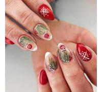 Styles Français Festifs Ongles Artificiels 24 Pièces Forme Carrée Courte De Feuilles Vertes Pour Les Ongles D'hiver Femmes Décors Noël Presse Sur L'ongle Court Ovale Rouge Mat