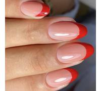 Styles français presse sur ongles 24 pièces brillant rouge vacances conception courte forme d'amande étincelles Application facile fête faux ongles ABS