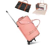 Styleushaven Foldable Travel Bag 2.0, Rolling Duffel Bag, Multifunctional PU Leather Duffel Bags with Detachable Wheels and Shoulder Strap, High Capacity with Shoe Compartment (Pink B)