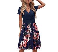 STYLEWORD Robe d'été à Manches Courtes pour Femme Floral Wrap XXL Col en V Taille Empire Poche Latérale Robe Décontractée