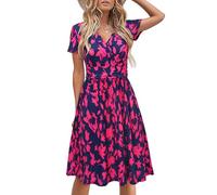 STYLEWORD Robe d'été Florale à Manches Courtes pour Femme - Col en V, Taille Empire, Poches - Longueur Midi - Taille Unique L - Coloris Floral30-1097