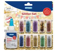 Stylex 23386 Lot de 11 paillettes avec 5 poudres pailletées en poudre de paillettes, 5 pots de décoration et 1 bouteille de colle pour loisirs créatifs et décoration