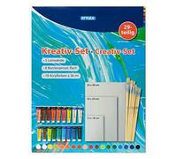Stylex 28590 - Grand kit créatif, 29 pièces avec 3 châssis entoilés, 8 pinceaux plats et 18 peintures acryliques de 36 ml, kit pour débuter la peinture acrylique