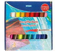 Stylex 28655 - Peintures acryliques en kit, 18 tubes de 36 ml, à base d'eau, mates, opacité et force de couleur élevées, résistantes à la lumière, à séchage rapide et à l'eau