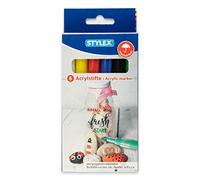 Stylex 32817 - Lot de 6 stylos acryliques dans les couleurs jaune, rouge, bleu, vert, noir, blanc, épaisseur de trait 1-2 mm, dans une boîte pliante pratique pour écrire de manière permanente sur la pierre, le verre et le tissu.