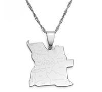 Stylish-Art Angola Avec Drapeau Carte Mode Pendentif Colliers,Colliers Africains Angolais Amulettes Pour Femmes Et Hommes,Hip Hop Style Fête Anniversaire Cadeaux,Argent,60Cm Chaîne
