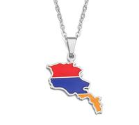 Stylish-Art Arménie avec Drapeau Carte Mode Pendentifs & Colliers,Arméniens Pays Géométrique Carte Ethnique Patriotique Ornement Femmes Hommes Charme Bijoux Cadeaux,Argent,60Cm Chaîne