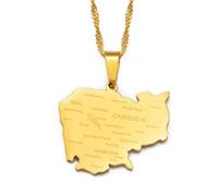 Stylish-Art Cambodge Carte Chaîne Collier,Carte Cambodgienne Pendentif Géométrique Bijoux Amulette pour Femmes Hommes,Ornements Patriotiques Bijoux,Or,45Cm Chaîne