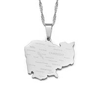 Stylish-Art Cambodge Carte Chaîne Collier,Carte Cambodgienne Pendentif Géométrique Bijoux Amulette pour Femmes Hommes,Ornements Patriotiques Bijoux,Argent,60Cm Chaîne