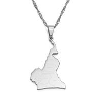 Stylish-Art Cameroun avec des Villes Nom Carte Mode Pendentif Et Chaîne Colliers,Cameroun National pour Femmes Hommes Cartes Géométrie Bijoux Amulette Patriotique Ornements,Argent,Chaîne De 60 Cm