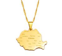 Stylish-Art Carte De La Roumanie & Nom De La Ville Charme Pendentif Et Chaîne Colliers,National Roumain pour Femmes Hommes Cartes Géométrie Bijoux Amulette Ornements Patriotiques,Or,45Cm Chaîne