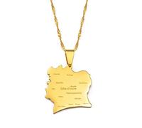 Stylish-Art Côte D'Ivoire Carte Pendentif Colliers,Côte D'Ivoire Objets Patriotiques Motif Cartes Pendentif,Ethnique Anniversaire Ornements Bijoux,Or,45Cm Chaîne