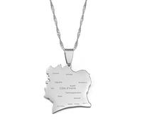 Stylish-Art Côte D'Ivoire Carte Pendentif Colliers,Côte D'Ivoire Objets Patriotiques Motif Cartes Pendentif,Ethnique Anniversaire Ornements Bijoux,Argent,60Cm Chaîne