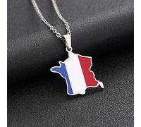 Stylish-Art France Carte Pendentif Charm,Collier Carte Française avec Motif Drapeau,Ethnique Patriotique Ornement Charme Bijoux Cadeaux pour Femmes Hommes,Argent,45Cm Chaîne