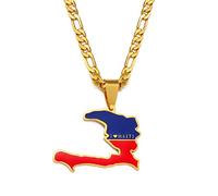 Stylish-Art Haïti Carte Pendentif Colliers - Motif Ethnique Drapeau Région Haïti Cartes Chandail Chaîne Charme Hip Hop Bijoux À La Mode pour Femmes Hommes Clavicule Chaîne Colliers,Or,45cm