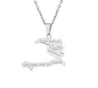Stylish-Art Haïti Carte Pendentif Colliers - Motif Ethnique Drapeau Région Haïti Cartes Chandail Chaîne Charme Hip Hop Bijoux À La Mode pour Femmes Hommes Clavicule Chaîne Colliers,Argent,50 cm