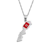 Stylish-Art Le Royaume du Maroc Carte Pendentif Charme,Maroc Carte Collier avec Motif Drapeau,Ethnique Patriotique Ornement Charme Bijoux Cadeaux pour Femmes Hommes,Argent,45Cm Chaîne
