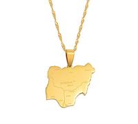 Stylish-Art Nigeria Carte Pendentif Colliers,Africa Nigerians Nation Vintage Patriotic Items Pattern Maps Pendentif,Ethnic Anniversar Ornements Bijoux,Gold,45Cm Chain