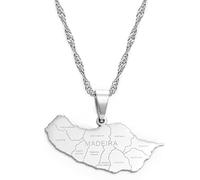 Stylish-Art Portugal Carte Chaîne Collier,Madère Carte Pendentif Géométrique Bijoux Amulette pour Femmes Hommes,Ornements Patriotiques Bijoux,Argent,60Cm Chaîne