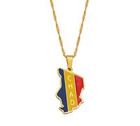 Stylish-Art République du Tchad Carte Pendentif Colliers - Motif Ethnique Drapeau Région République du Tchad Cartes Chandail Chaîne Charme Hip Hop Bijoux À La Mode pour Femmes Hommes