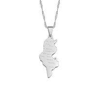 Stylish-Art Tunisie avec des Villes Nom Carte Mode Pendentif Et Chaîne Colliers,Tunisienne Nationale pour Femmes Hommes Cartes Géométrie Bijoux Amulette Patriotique Ornements,Argent,Chaîne De 60 Cm