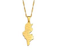 Stylish-Art Tunisie avec des Villes Nom Carte Mode Pendentif Et Chaîne Colliers,Tunisienne Nationale pour Femmes Hommes Cartes Géométrie Bijoux Amulette Patriotique Ornements,Or,Chaîne De 45 Cm