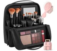Stylish Handheld Partitioned Cosmetic Bag, Waterproof PU Leather Toiletry Pouch with Multi-Compartments Detachable Mirror Luggage Strap for Desktop Storage Travel Use (Black)