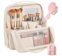 Stylish Handheld Partitioned Cosmetic Bag, Waterproof PU Leather Toiletry Pouch with Multi-Compartments Detachable Mirror Luggage Strap for Desktop Storage Travel Use (Beige)