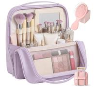 Stylish Handheld Partitioned Cosmetic Bag, Waterproof PU Leather Toiletry Pouch with Multi-Compartments Detachable Mirror Luggage Strap for Desktop Storage Travel Use (Purple)