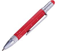Stylo À Bille Multitâche (Petit), Règle Centimètre/Pouces, Tournevis À Tête Plate/Cruciforme, Stylet (Rouge), Mine Noire, Avec 2 Recharges En Aluminium/Laiton/Acier, Rouge Mat