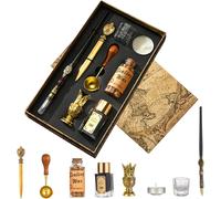 Stylo À Plume D'artiste Avec Encre, Stylo À Trempage En Bois, Perles De Cire À Cacheter, Bougie À Thé, Tasse En Verre, Ouvre-Lettres Doré, Porte-Stylo En Bois Et Cuillère À Cachet De Cire,