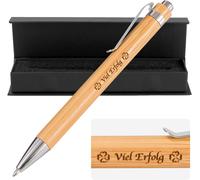 Stylo-Bille En Bambou Avec Gravure Trèfle ¿ Cadeau Durable Pour Un Examen, Un Départ, Un Nouvel Emploi - Inscription « Viel Glück » - Encre Bleue