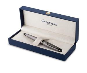 Stylo bille Waterman Expert | Laque argentée métallisée avec finitions ruthénium | Pointe moyenne | Encre bleue | Étui cadeau