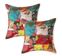 Stylo Culture Bohème Housse De Coussin pour Salon 40 x 40 cm Coton Multicolore Patchwork Kantha Tropicana Carré Fermeture Enveloppe 16x16 inch Décoratif Housses d'oreiller pour Lit - 2 Pièces