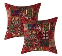 Stylo Culture Bohème Housse De Coussin pour Salon 60 x 60 cm Coton Gros Bordeaux Patchwork Vintage Abstrait Carré Fermeture Enveloppe 24x24 inch Décoratif Housses d'oreiller pour Lit - 2 Pièces