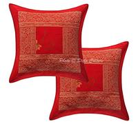 Stylo Culture Décoratif Ethnique Housse De Coussin pour Canapé 40 x 40 cm Polydupion Rouge Patchwork De Brocart Brodé Floral Carré Bohème Indien Housses d'oreiller pour Chambre - 2 Pièces