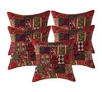 Stylo Culture Décoratif Ethnique Housse De Coussin pour Canapé 60 x 60 cm Coton Bordeaux Patchwork Vintage Abstrait Carré Fermeture Enveloppe Bohème Indien Housses d'oreiller pour Chambre - 5 Pièces