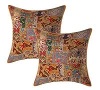 Stylo Culture Décoratif Ethnique Housse De Coussin pour Canapé 60 x 60 cm Coton Kaki Patchwork Vintage Abstrait Carré Fermeture Enveloppe Bohème Indien Housses d'oreiller pour Chambre - 2 Pièces