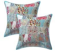 Stylo Culture Décoratif Ethnique Housse De Coussin pour Canapé 60x60 cm Coton Turquoise Patchwork Vintage Abstrait Carré Fermeture Enveloppe Bohème Indien Housses d'oreiller pour Chambre - 2 Pièces