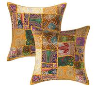 Stylo Culture Décoratif Ethnique Housse De Coussin pour Chambre 40 x 40 cm Coton Jaune Mangue Patchwork Vintage Floral Carré 16x16 inch Bohème Indien Housses d'oreiller pour Canapé - 2 Pièces