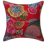 Stylo Culture Décoratif Ethnique Housse De Coussin pour Chambre 40 x 40 cm Coton Rouge Kantha Imprimé Tropicana Carré Fermeture Enveloppe Bohème Indien Housses d'oreiller pour Canapé - 1 Pièce