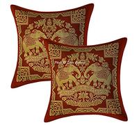 Stylo Culture Décoratif Housse De Coussin De Luxe Lit 30x30 cm Brocart De Soie Bordeaux Jacquard Éléphant Carré Fermeture Éclair 12x12 inch Bohème Taies d'oreiller Salon - 2 Pièces