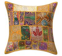 Stylo Culture Décoratif Indienne Housse De Coussin Canapé 40 x 40 cm Coton Jaune Mangue Patchwork Vintage Abstrait Carré Fermeture Enveloppe Bohème Ethnique Taies d'oreiller Chambre - 1 Pièce