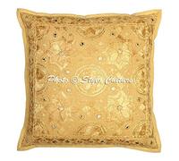 Stylo Culture Décoratif Indienne Housse De Coussin Chambre 40x40 cm Coton Jaune Ocre Brodé Étoile De Lune en Miroir Carré Fermeture Enveloppe Bohème Ethnique Taies d'oreiller Canapé - 1 Pièce