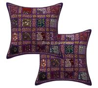 Stylo Culture Décoratif Indienne Housse De Coussin Chambre 40x40 cm Coton Violet Patchwork De Paillettes Brodées Géométrique Carré 16x16 inch Bohème Ethnique Taies d'oreiller Canapé - 2 Pièces