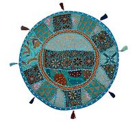 Stylo Culture Ethnique Bohémien Housse De Coussin De Sol De Jardin 45x45 cm Siège De Repose-Pieds Bleu Turquoise Patchwork Vintage Rond Petit Décoratif Coton Oreiller Brodé Siège de Chaise Couverture