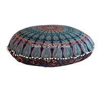 Stylo Culture Ethnique Bohémien Housse De Coussin De Sol Indien Large 80x80 cm Chaise De Coussin De Plancher Bleu Vert Mandala de Méditation Pom Pom Rond Gros Décoratif Coton Meubles Couverture