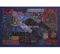 Stylo Culture Indian Indian Lourd Perles Zari Patchwork Tenture Murale Tapisserie Décor Coton Bleu foncé Handmade Wall Hanging Art Decor