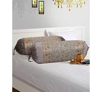 Stylo Culture Oreiller de Hot-Dog cylindrique Polydupion Indien Taie De Traversins Bordure de Brocart Jacquard Paisley Gris Housses de Coussin de Cylindre Grand canapé (Lot de 2) | (76x38 cm)